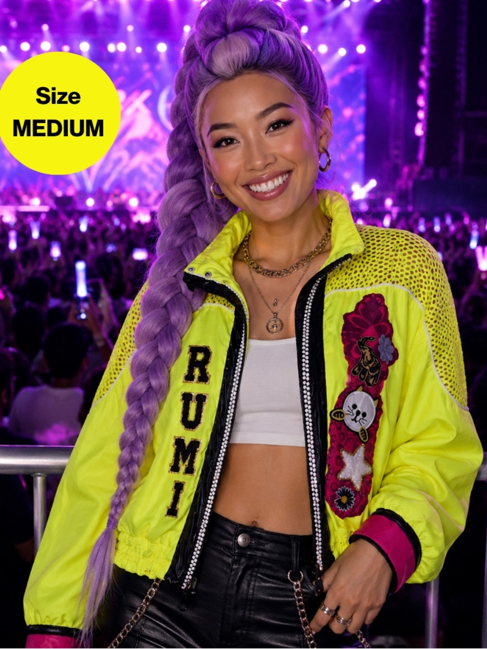 RUMI/HUNTRIX Inspired Neon Yellow Hooded Windbreaker w/Patches (Women’s Medium)